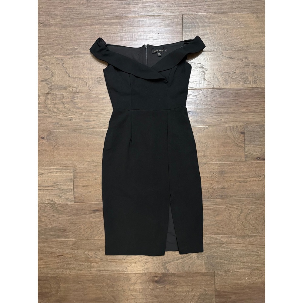 NWT Black Halo Sheath Dress Womens 2 Black Solid Off Shoulder Slit Party